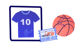 Sports memorabilia catalogue showing signed shirts, balls and photographs with authentication certificates